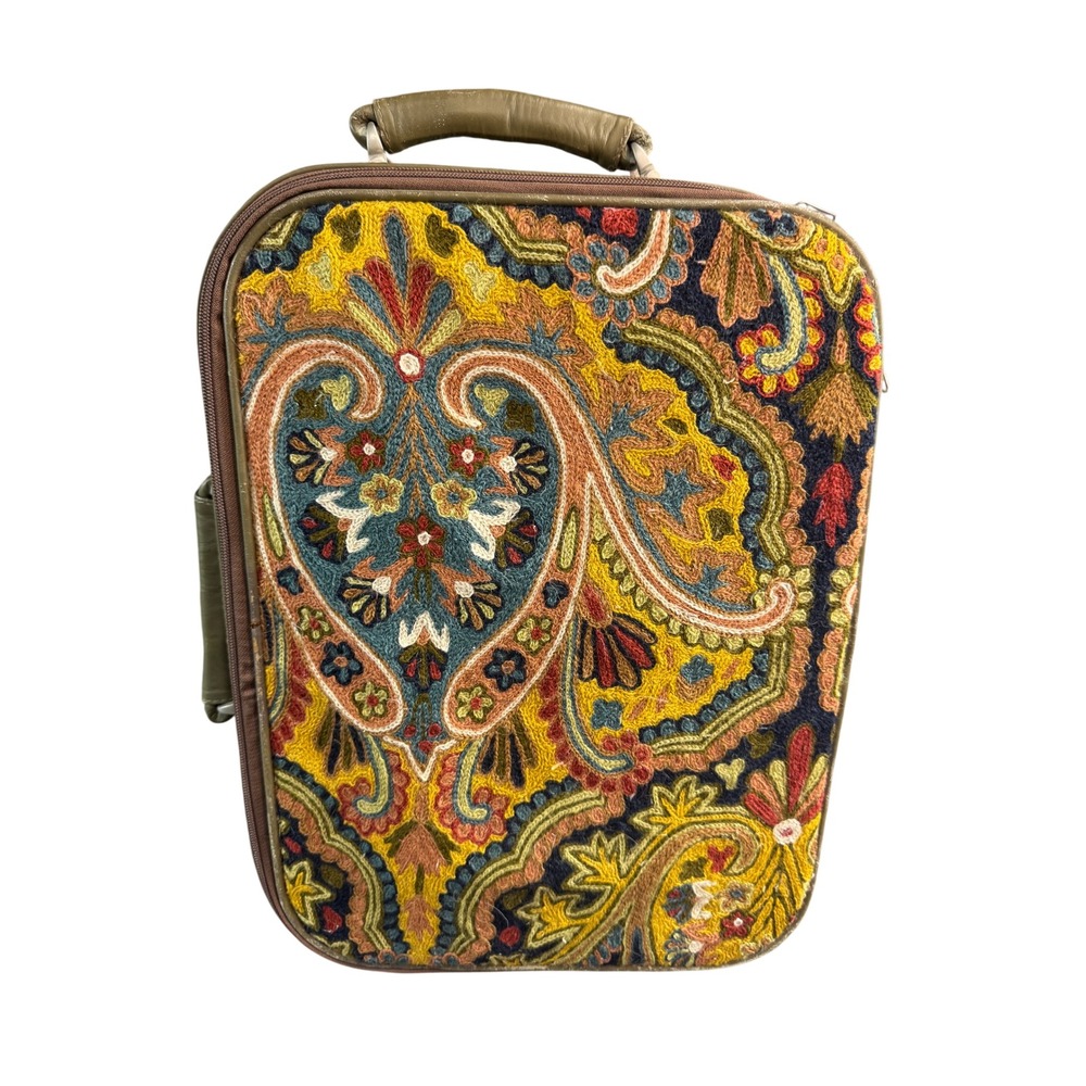 Vintage Paisley Needlepoint Rolling Suitcase Carry On Bag Boho Embroidered